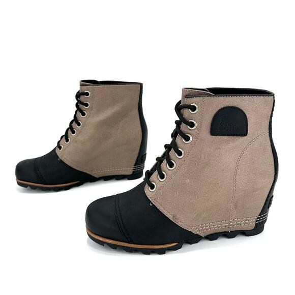 Sorel PDX Black/Tan Wedge Bootie Size 10 Leather/Canvas Waterproof Lace-Up New - Picture 2 of 15